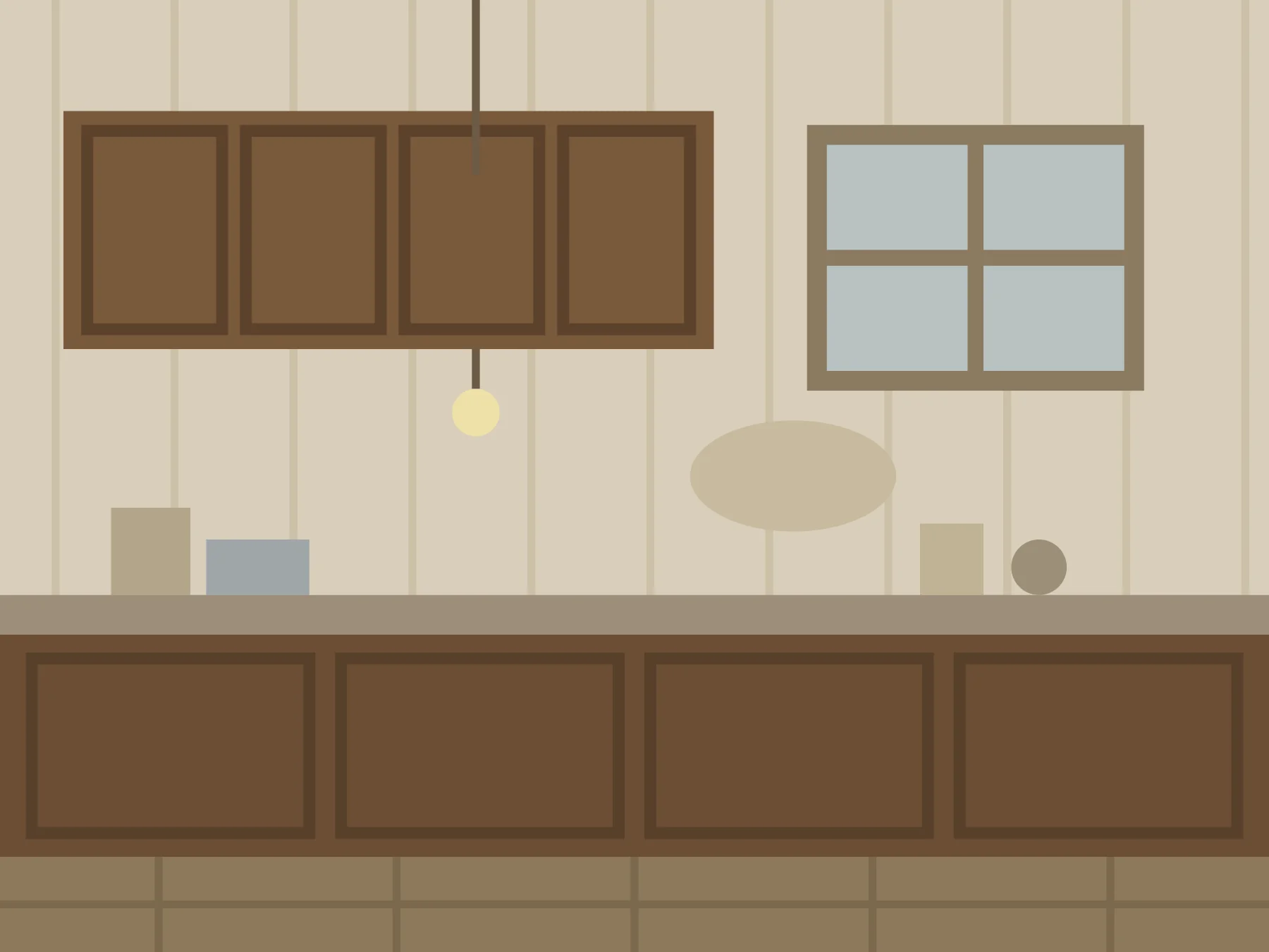 Before: Illustration of a dated, cluttered kitchen with dark wooden cabinets and a bare bulb