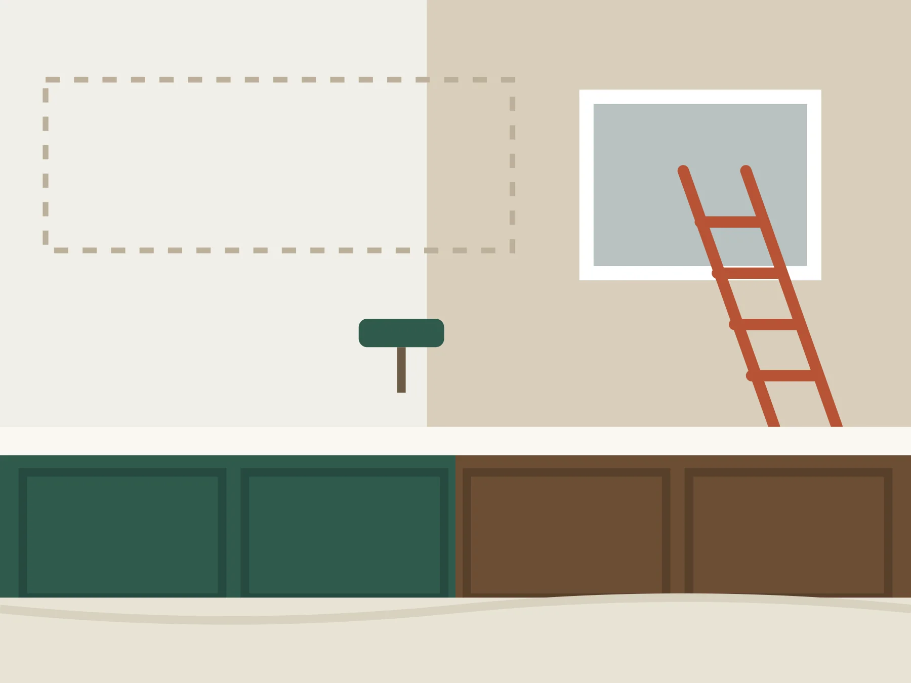 Illustration of the kitchen mid-renovation: upper cabinets removed, half the wall and cabinets repainted, a ladder by the window
